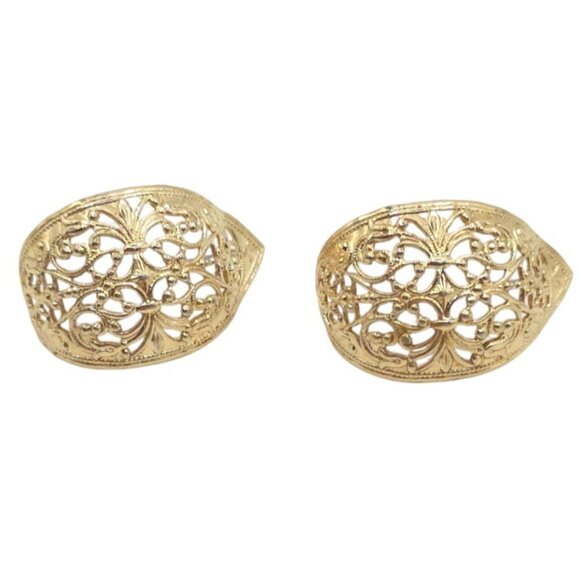 Vintage Gold-Tone Filigree Earrings Pierced Half-Moon Floral Design - Picture 2 of 4